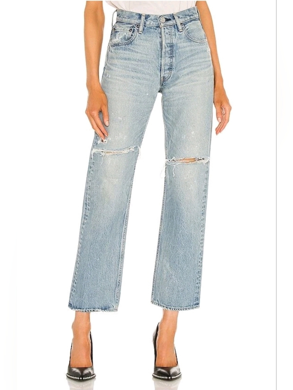 MOUSSY VINTAGE Teaneck Wide Straight Leg Jeans Light Blue Cotton Distressed 24
